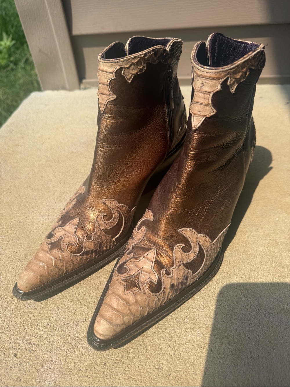 Donald J. Pliner Bronze Metallic Ankle Boots with Snakeskin Trim - Picture 2 of 3